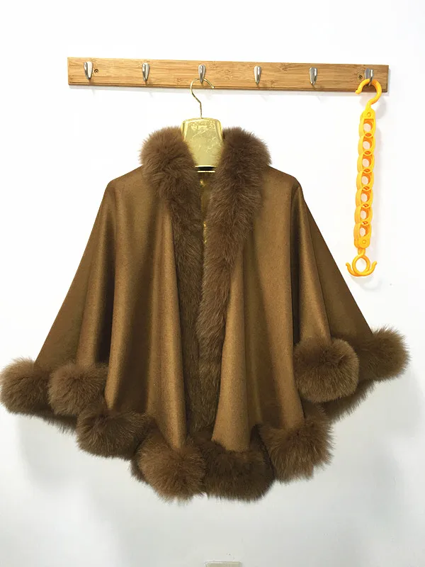 

Free shipping New Spring Autumn Winter Female Fur Shawl Top Quality Cashmere Poncho With Genuine Fox Fur Trim Real Fur cape