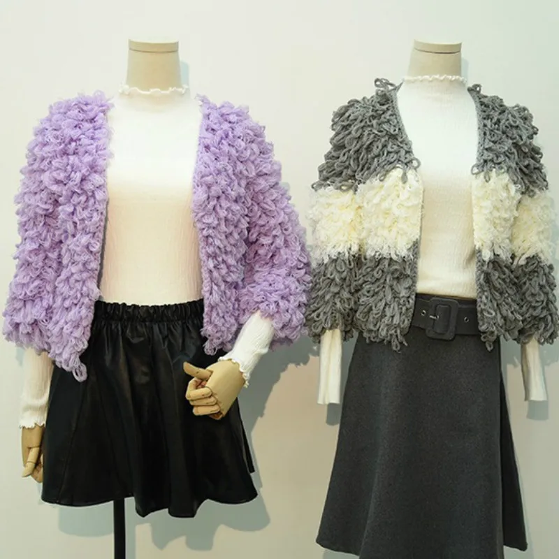 Вязаный шерстяной свитер в стиле ретро, вязаный кардиган с кисточками, мохеровая куртка с короткими рукавами, флисовая верхняя одежда с высокой талией
