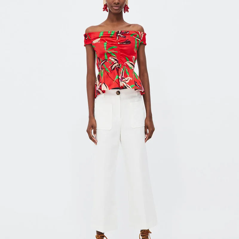 

2018 summer female casual shirt solid color stitching strapless floral print shirt