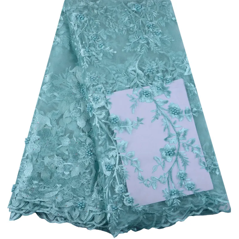 

2019 New Style Embroidery French Net Lace Fabric High Quality Mint Green African Tulle Mesh Lace With Beads For Lady Dress S1014