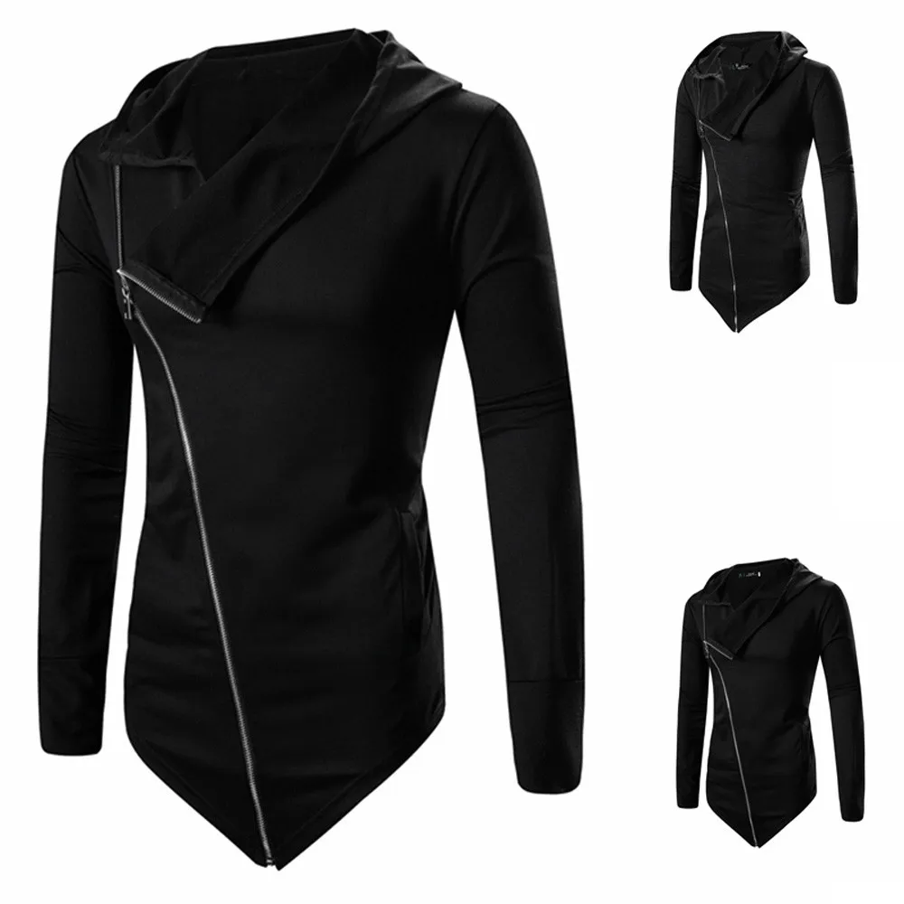 

2018 Fashion Men's Autumn Winter Long Hooded Trench Fashion Irregular Solid Zipper Jacket Coat Cloak Coat Outerwear Plus Size L3
