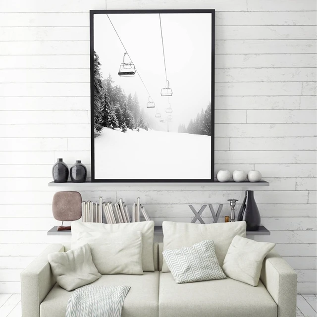 Ski Mountain Print Black White Photography Wall Art Canvas 1