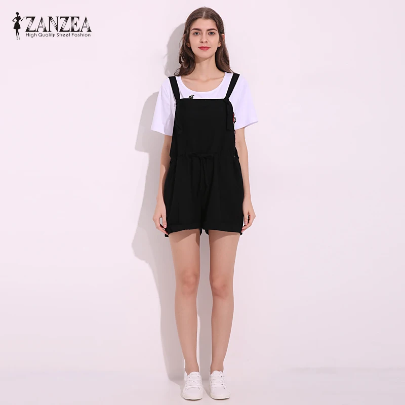 ZANZEA новые летние женские комбинезоны, повседневные свободные короткие комбинезоны с карманами, одноцветные Комбинезоны на бретелях размера плюс S-5XL
