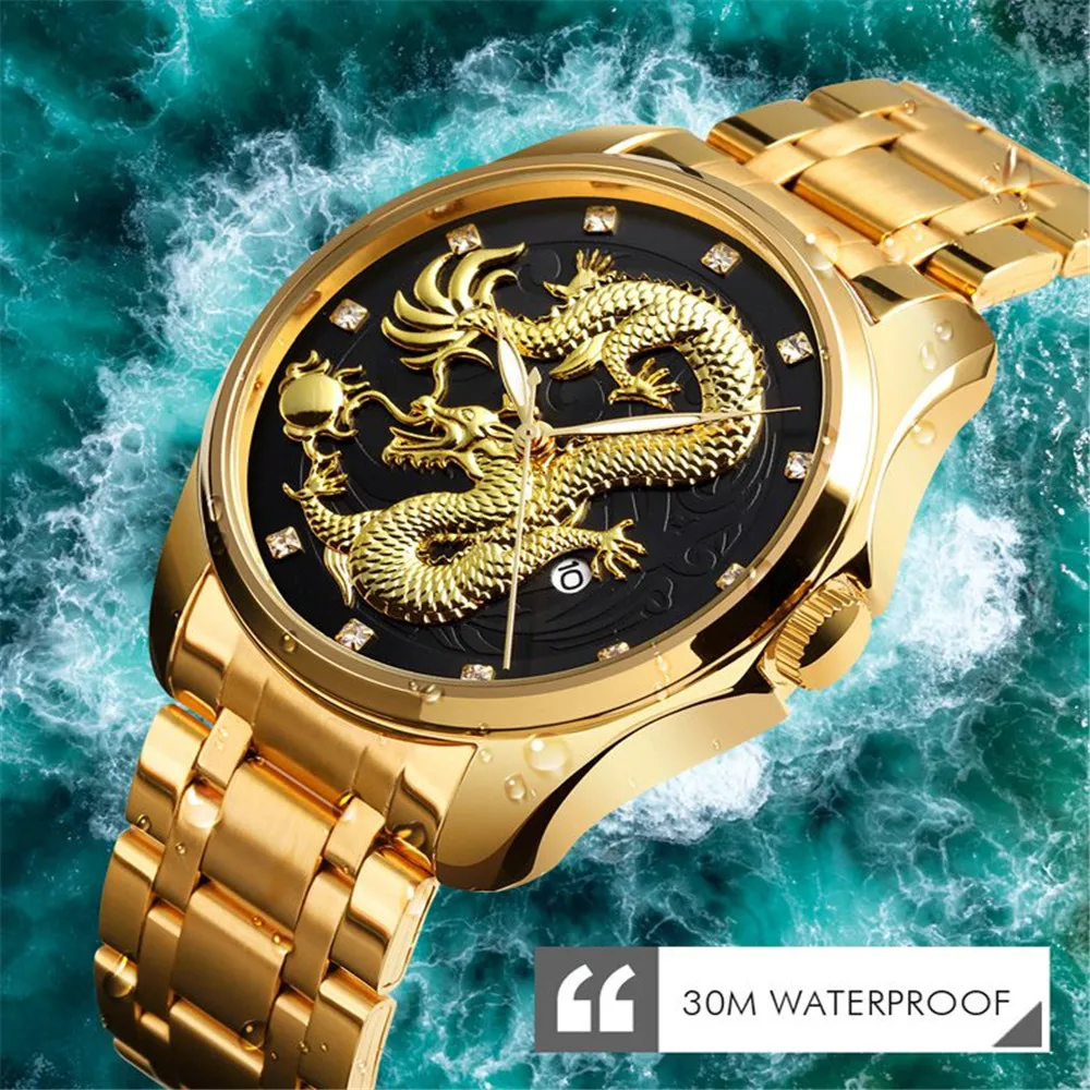 

SKMEI New Luxury Golden Dragon Men Watch Quartz Wristwatches Waterproof Chinese Style Stainless Steel Men Wristwatches