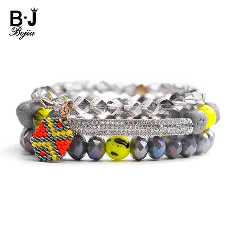Bracelet em Jóias Bojiu Bohemian Mulheres Pulseiras Moda Cinza Druzy Pulseira Pedra Natural Rodada Charm Presente Bcset107 3 Pçs – Set
