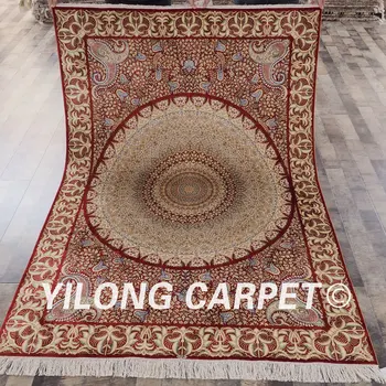 

Yilong 5'x7' Hand Knotted Persian Red Carpet Turkish Beige Medallion Silk Rug (SL163A5x7)