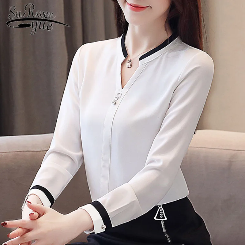 

Blusas mujer de moda 2019 womens tops and blouses shirts Bead chiffon blouse Solid V-Neck white shirts ladies tops full 2412 50