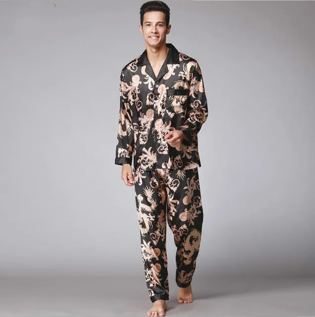 Free Shipping 2017 New Arrival Men's Silk Pajamas Sleepwear Sets Vintage Dragon Print Sleep