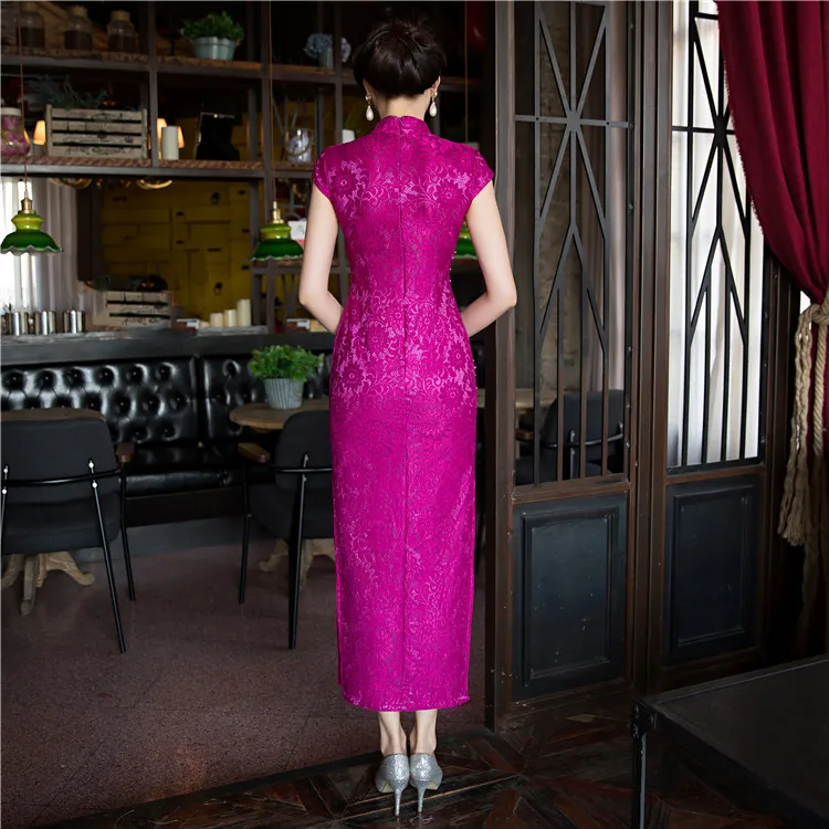 Новое поступление; модное кружевное Длинные Cheongsam ярко розовый китайский женское платье элегантный Qipao Vestidos Размеры S M L XL XXL XXXL 27591A