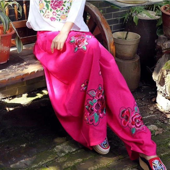 

Ethnic Style Women Floral Embroidery Pants Vintage Spring Autumn Casual Loose Elastic Waist Loose Cotton Linen Trouser