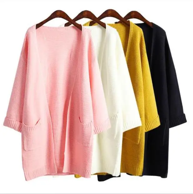 2019 Girl Casual Long Knitted Cardigan Autumn Korean Women Loose Solid Color Pocket Design Sweater Jacket Pink Beige |