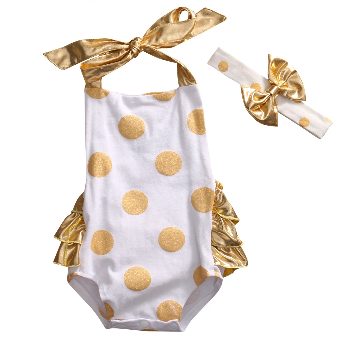 

Newborn Baby Girls Romper Kids Gold Polka Dot Summer Romper Jumpsuit+Headband Outfits Sunsuit