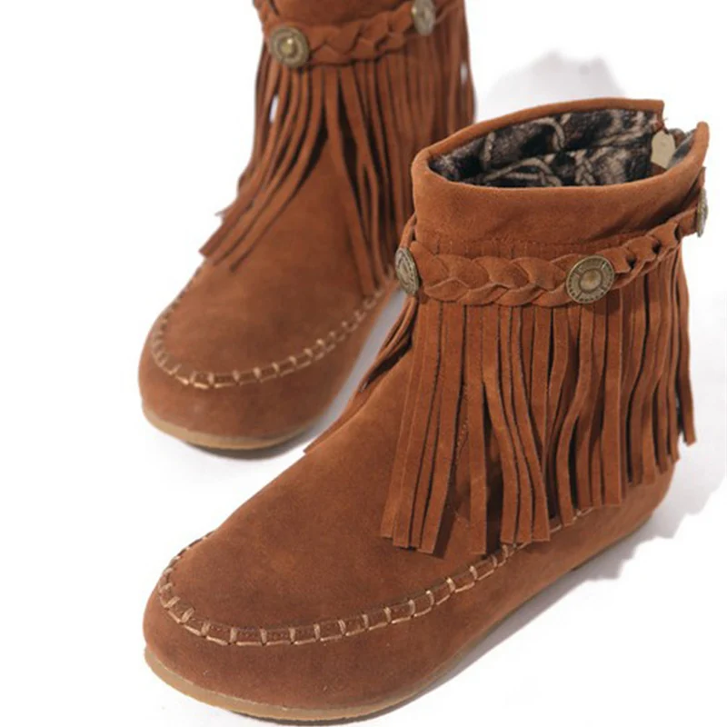 US5-9 Suede Leather Like Moccasin Fringe Tassel Ankle Boots womens wedge shoes