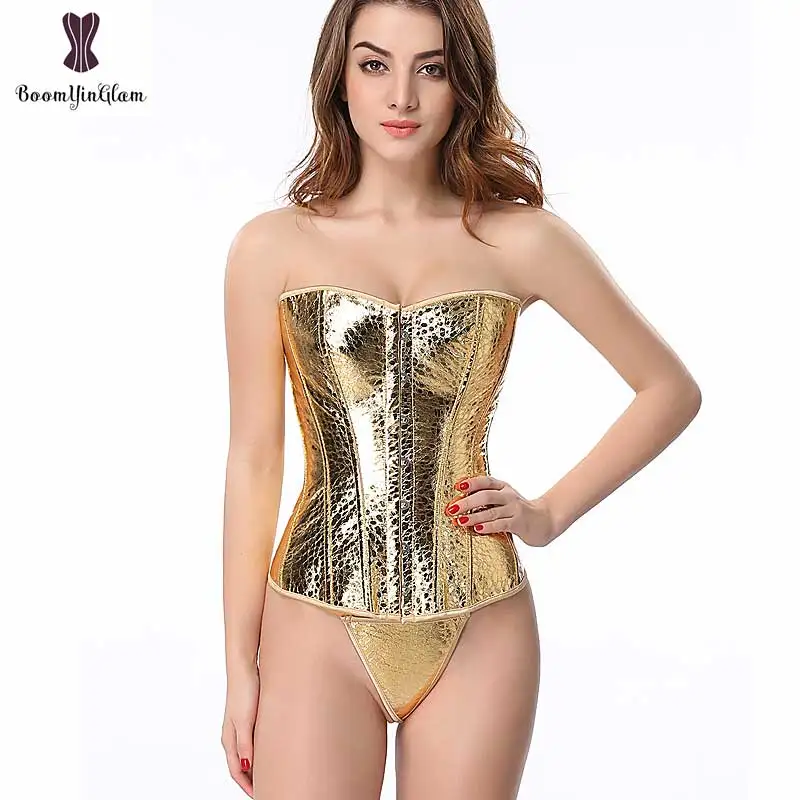 Faux Leather Shining Gold Corset Top Overbust Luxury Bustier Plus Size