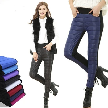 

Thicken Winter Pants Women Duck Down Velvet High Waist Skinny Warm Formal Pants Female Black Elastic Waist Work Trousers