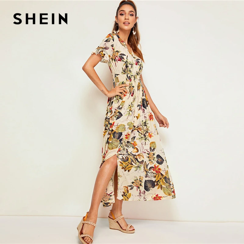 Ceny SHEIN nadruk roślinny Tropical Shirred talia guzik przód sukienka 2019 Boho kobiety morela wzburzyć krawat przód V Neck letnia sukienka