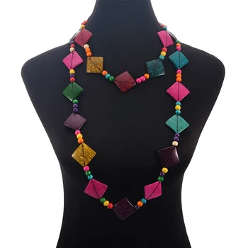

BeUrSelf Square Wood Necklace for Women Bohemian Knit Handmade Multicolor Beaded Ethnic Long Coconut Shell Necklace Jewelry