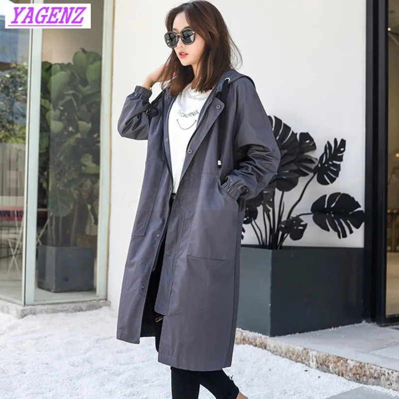 YAGENZ Autumn Winter Windbreaker coat Women Fashion Loose Long Trench coat Young Women Straight Hooded Army Green overcoat B289