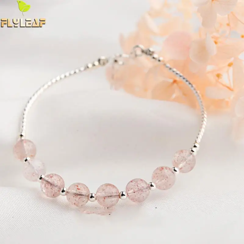 

Flyleaf 100% 925 Sterling Silver Pink Round Strawberry Crystal Charm Bracelets For Women Fashion Party Jewelry