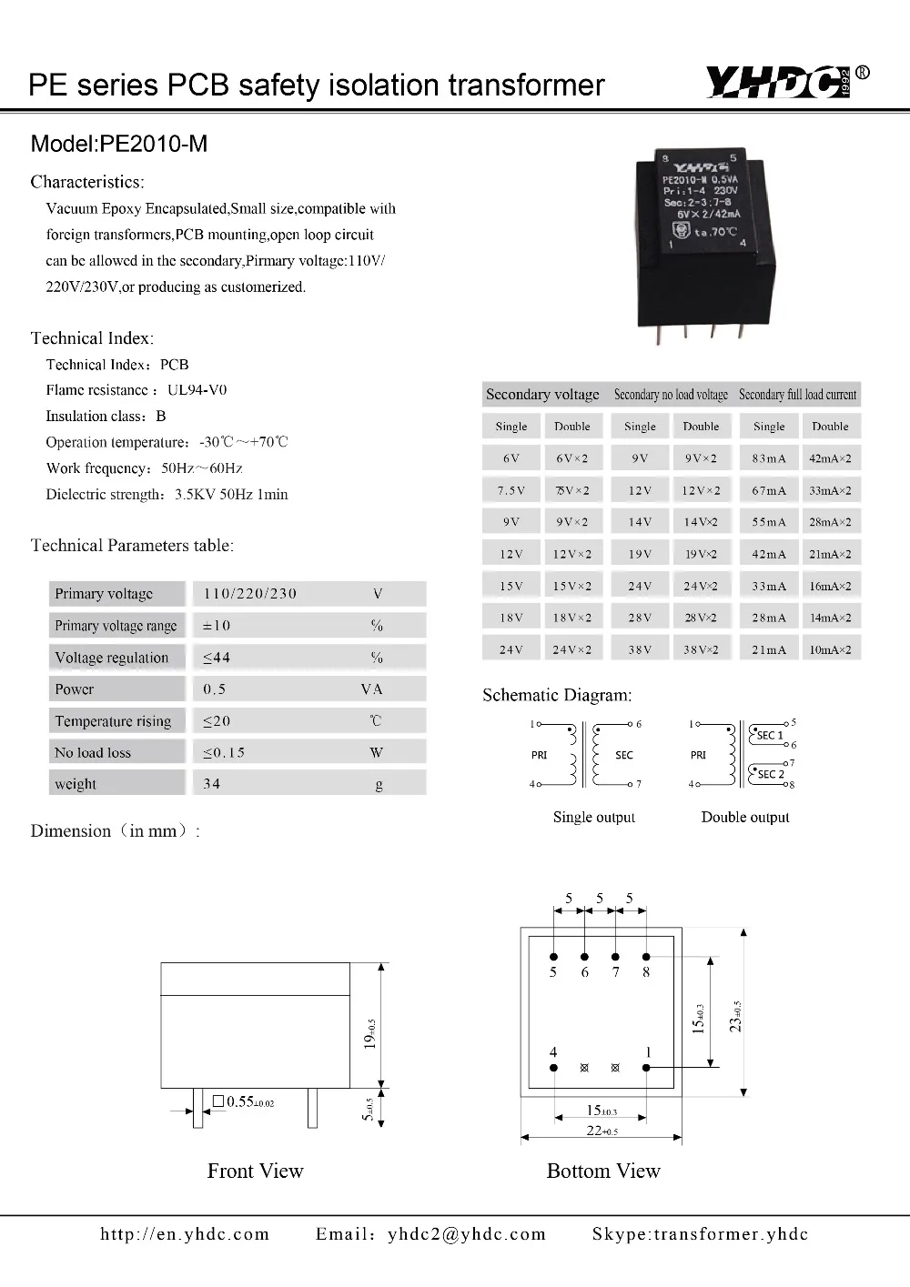 YHDC PE2010-M Мощность 0.5VA 220 V/6 V инкапсулированный печатного монтажа электрические Мощность изолирующий трансформатор