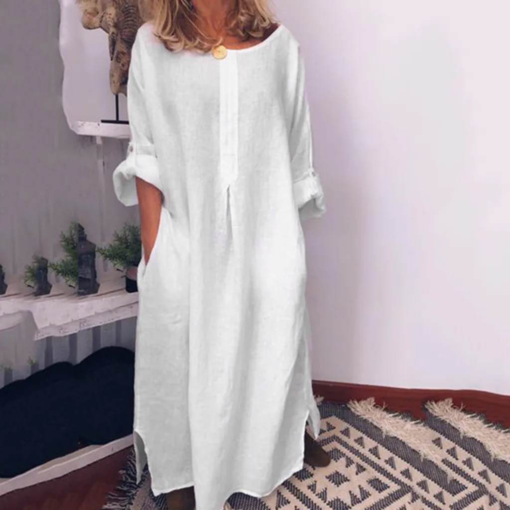 

Women's Summer Sundress Casual Dresses Long Sleeve Solid O-Neck Summer Cotton Maxi Dress With Pockets Vestidos Party Dress Femme