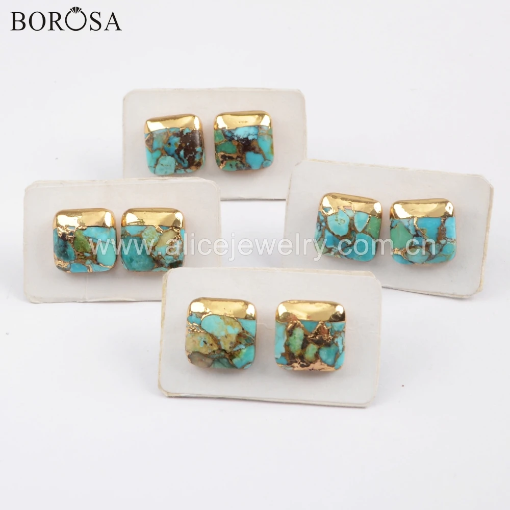 BOROSA 5 пар Boho Studs ISES шпильки 10 мм Позолоченные квадратные круглые треугольные натуральные бирюзовые серьги ручной работы подарки для леди G1723