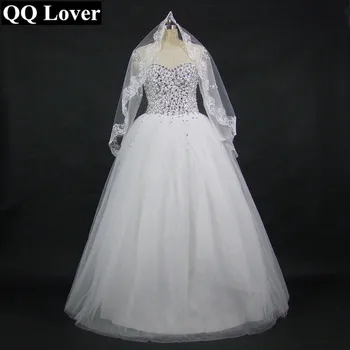 

2019 Illusion Wedding Dress With Video With Veil Gift Long Sleeve Bridal Gown Pearls Crystals Beaded Ball Gown Robe De Mariage