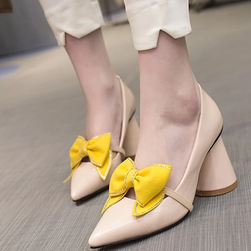 Модная Демисезонная женская обувь без шнуровки Большой размер 34-43, пикантные туфли на высоком толстом каблуке с острым носком и бантиком-бабочкой, женская обувь