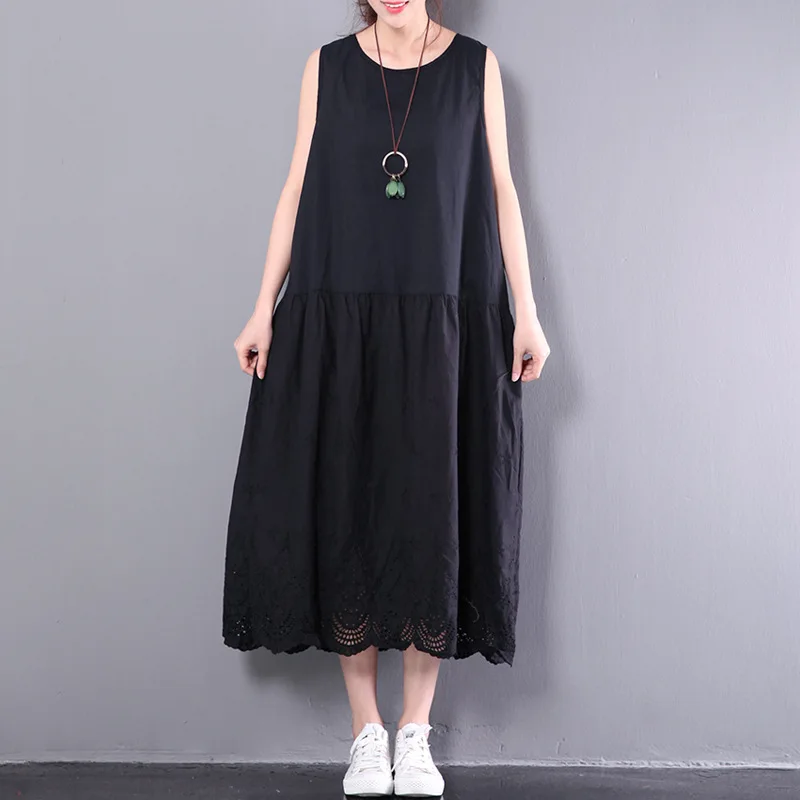 Япония Мори девушка летнее платье крючком Вышивка Хлопок Свободный жилет без рукавов платье на бретелях женское летнее Повседневное платье Robe Tunique - Цвет: black