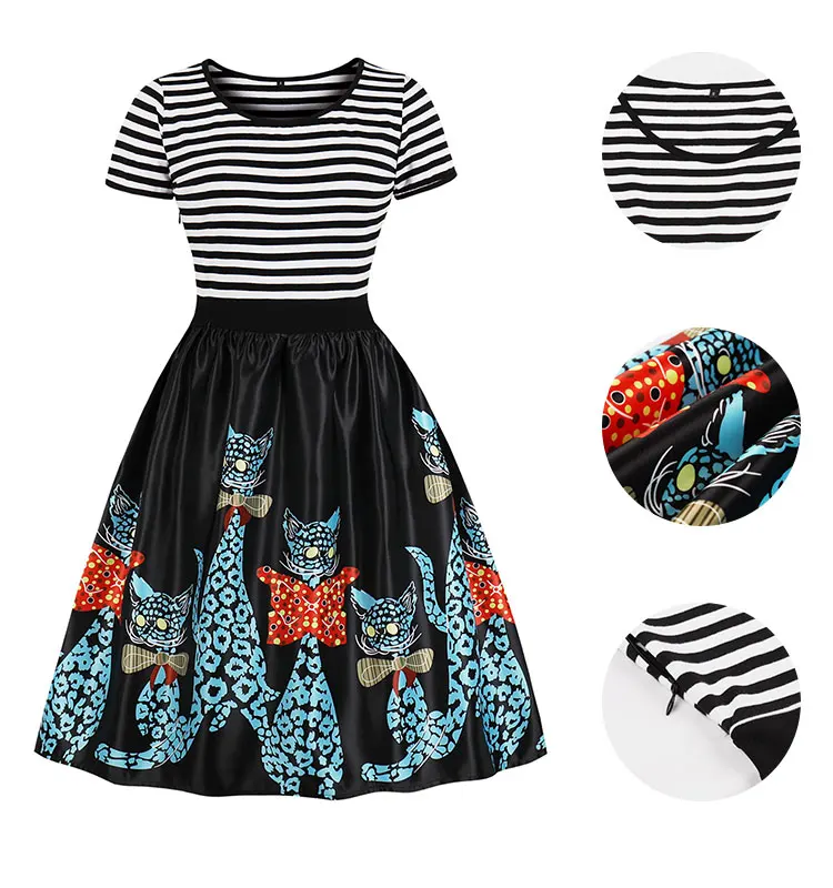 Mature Umbrella Plus Size Cat Print Halloween Women High Waist Cotton Retro Rockabilly Patchwork Stripe Vintage Party Dresses