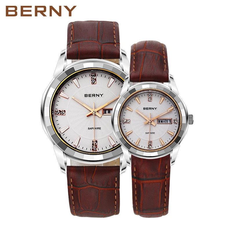 BERNY пара кварцевые часы для влюбленных для женщин и мужчин Пара Золотые кожаные водостойкие Дата часы модные повседневное аналоговый