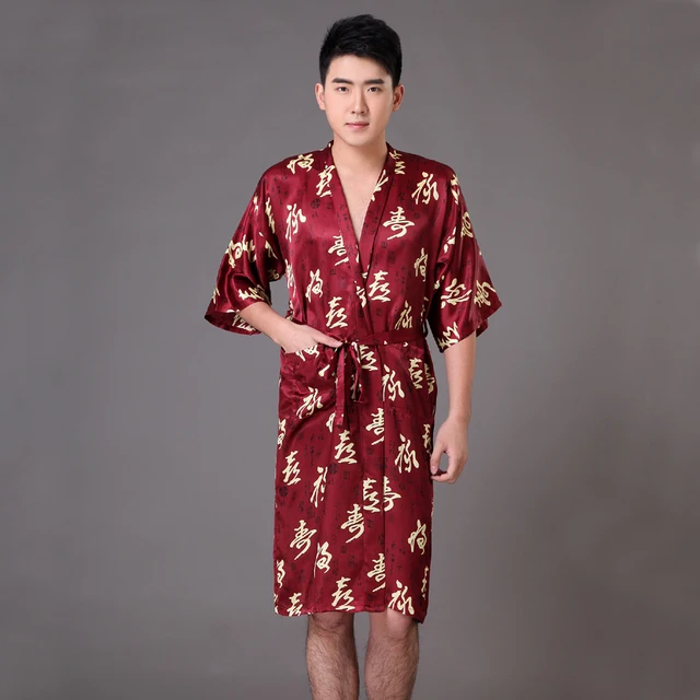 Mens Satin Rayon Robe Gown Solid Color Kimono Bath Gown Lounge Casual Male Nightgown Sleepwear Navy Blue