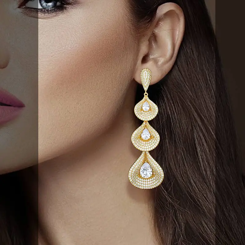 

ModemAngel High Quality Luxury Three Water Cubic Zirconia Copper Drop Earrings Women Engagement Bridal Earring Fashion Jewelry