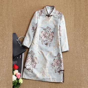 

Chinese Style New 2020 Spring Women's Fashion Three Quarter Slim Jacquard Retro Dress Female Plus Size Printing Split Dresses