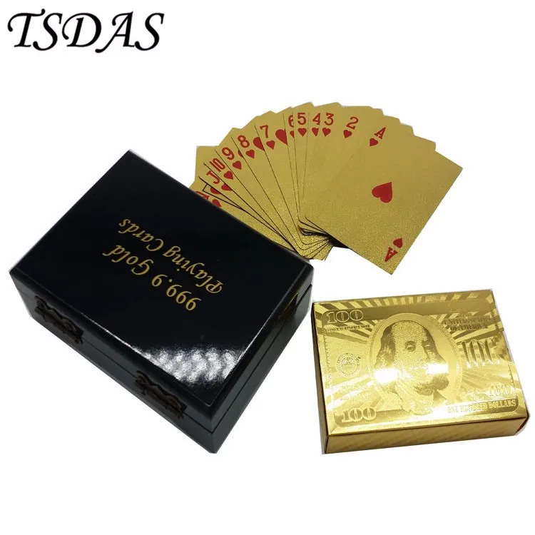 Позолоченные 100 долларов на заказ игральные карты 999,9 золотой фольги игральные карты с деревянной коробкой сувенирные открытки