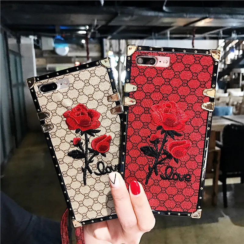 

Luxury Embroidery 3D Rose Flower Phone Case For Samsung Galaxy S9 S8 Plus Note 9 Plating border Metal Rivet Square Back Cover