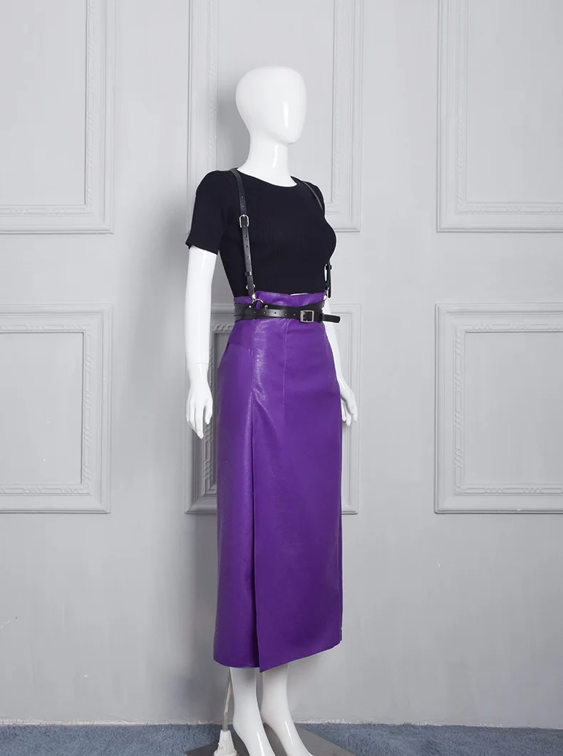 Весенне-летняя женская облегающая кожаная юбка с высокой талией, женская сексуальная Длинная юбка-карандаш из искусственной кожи фиолетового цвета
