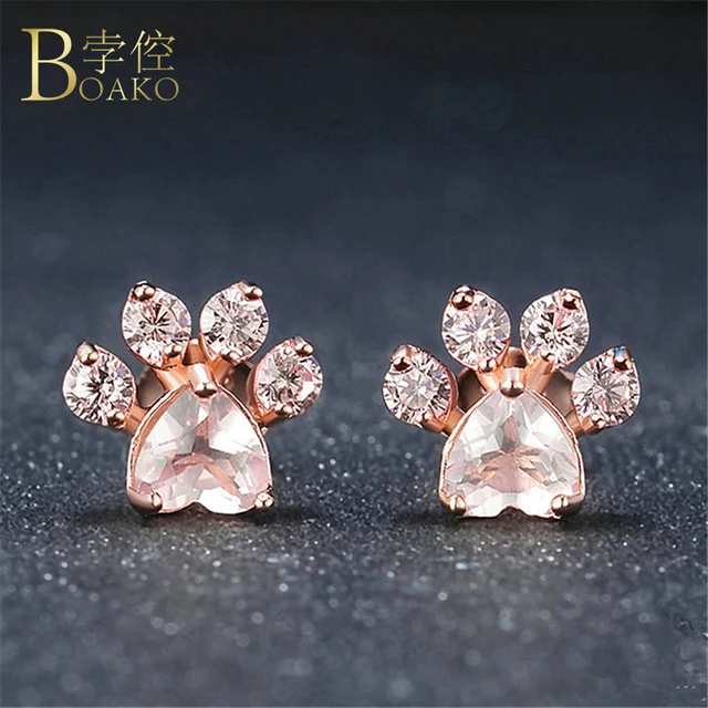 Boako Shiny Pink Stud Earrings Cz Bear Jewelry Dog Paw Print Earring Boako Shiny Pink Stud Earrings Cz Bear Jewelry Dog Paw Print Earring Female Piercing Rose Gold