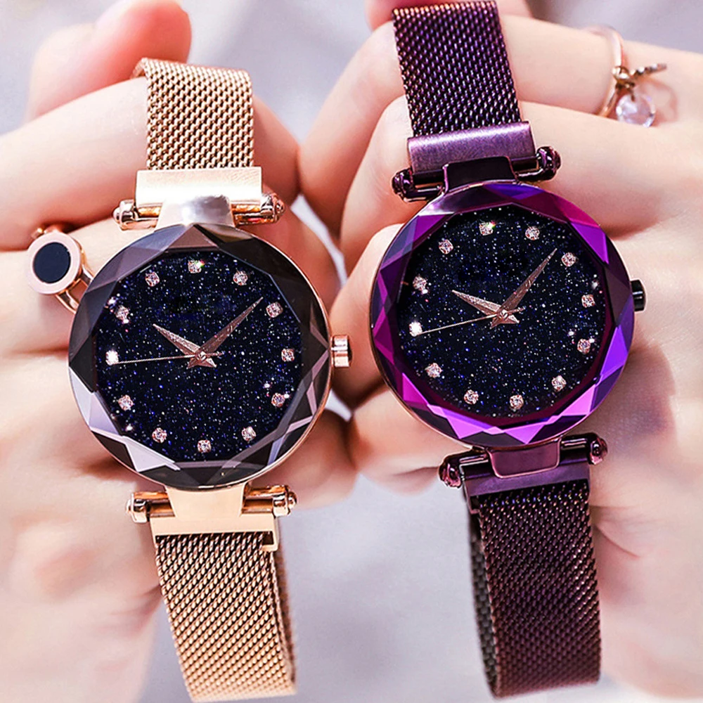 

New Style Magnet buckle Stainless Steel Mesh Band Flash Dial Women Watch Rose Gold Luxury Brand Ladies Rhinestone Quartz Watch