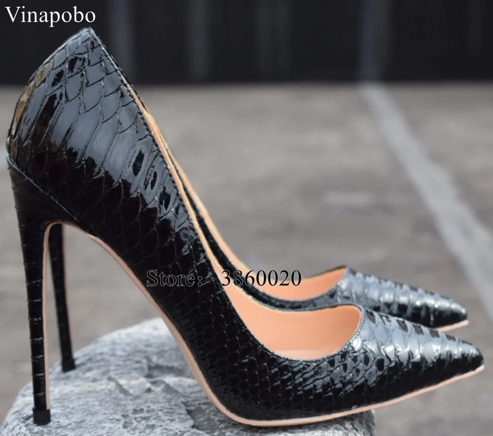 

Sexy High Heel Shoes Black Snake Print Leather Stilettos Shoes For Women Pointed Toe Slip-on Leather Dress Pumps wedding Shoes