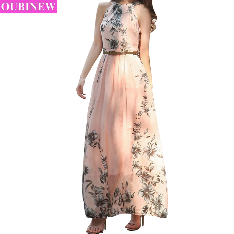 

OUBINEW Chiffon Long Beach Dress Women Floral Print Round Neck Sleeveless Party Dresses Boho Maxi Dress Summer Beach Sundress