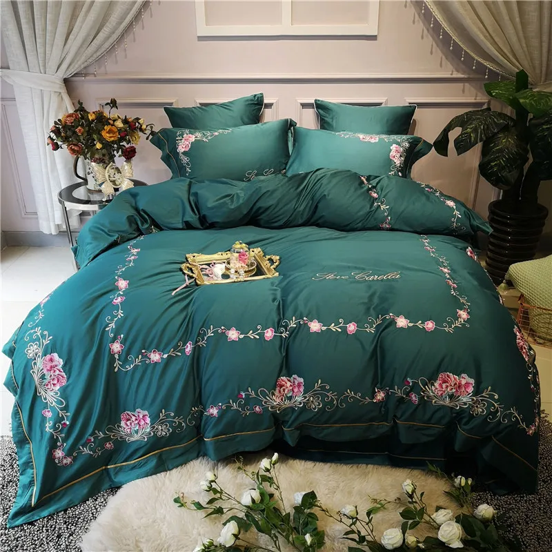 

New Green 100S Egyptian cotton Luxury Flowers Embroidery Palace Bedding set Queen King Duvet Cover Bed Linen/sheet Pillowcases