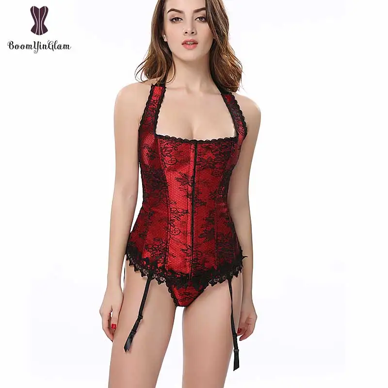 

Free shipping halterneck slimming waist body shaper clothing lace overlay corset and bustier with suspended belt Cheap Price 892