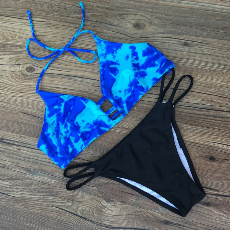 Bikini Sea Blue Basic Top Black Bottom Two Piece Swimsuit With Thong
