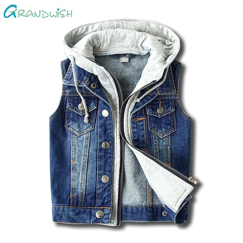 

Grandwish Hooded Washing Jeans Vest for Boys Children Denim Sleeveless Outerwear Spring Jeans Casual Vest for Girl 3T-10T,SC865