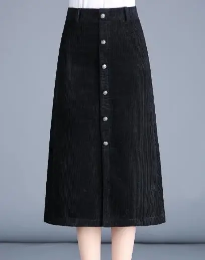 Осенне-весенняя модная женская Вельветовая юбка с высокой талией и пуговицами, черная и синяя юбка, осенне-зимняя винтажная Женская юбка 3xl 4xl - Цвет: black
