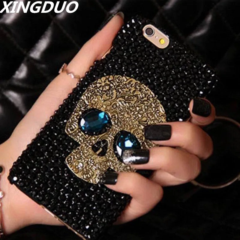 

XINGDUO Diamond Bling Rhinestone Skull Blue Eye Cover Fashion Phone Cases For iPhone5 5s 6 6S 7 8 Plus for Samsung S8 S7 S6 Edge