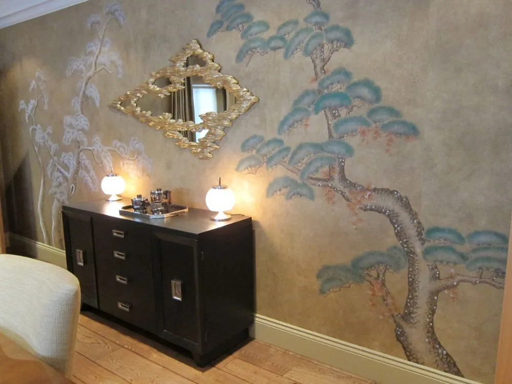 

Classic majestic Handpainted silk wallpaper Customized painting flower with birds wallcovering many patterns/background optional