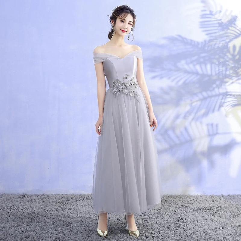 

Midi Dress Bridesmaids Dresses Elegant Woman Dresses for Party and Wedding Grey Color Dress Sleeveless back of bandage