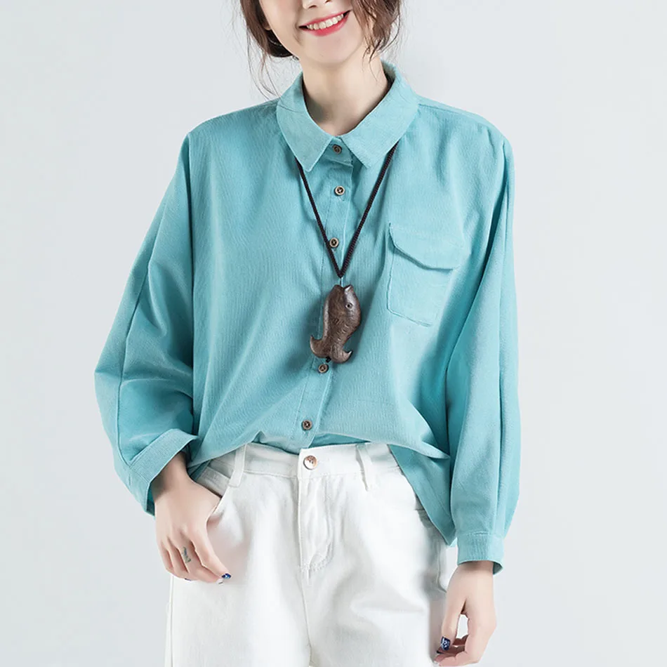  GUYUNYI Autumn Small Striped Corduroy Shirt Bat Sleeve Turn-down Collar Casual Loose Women Shirt Bl